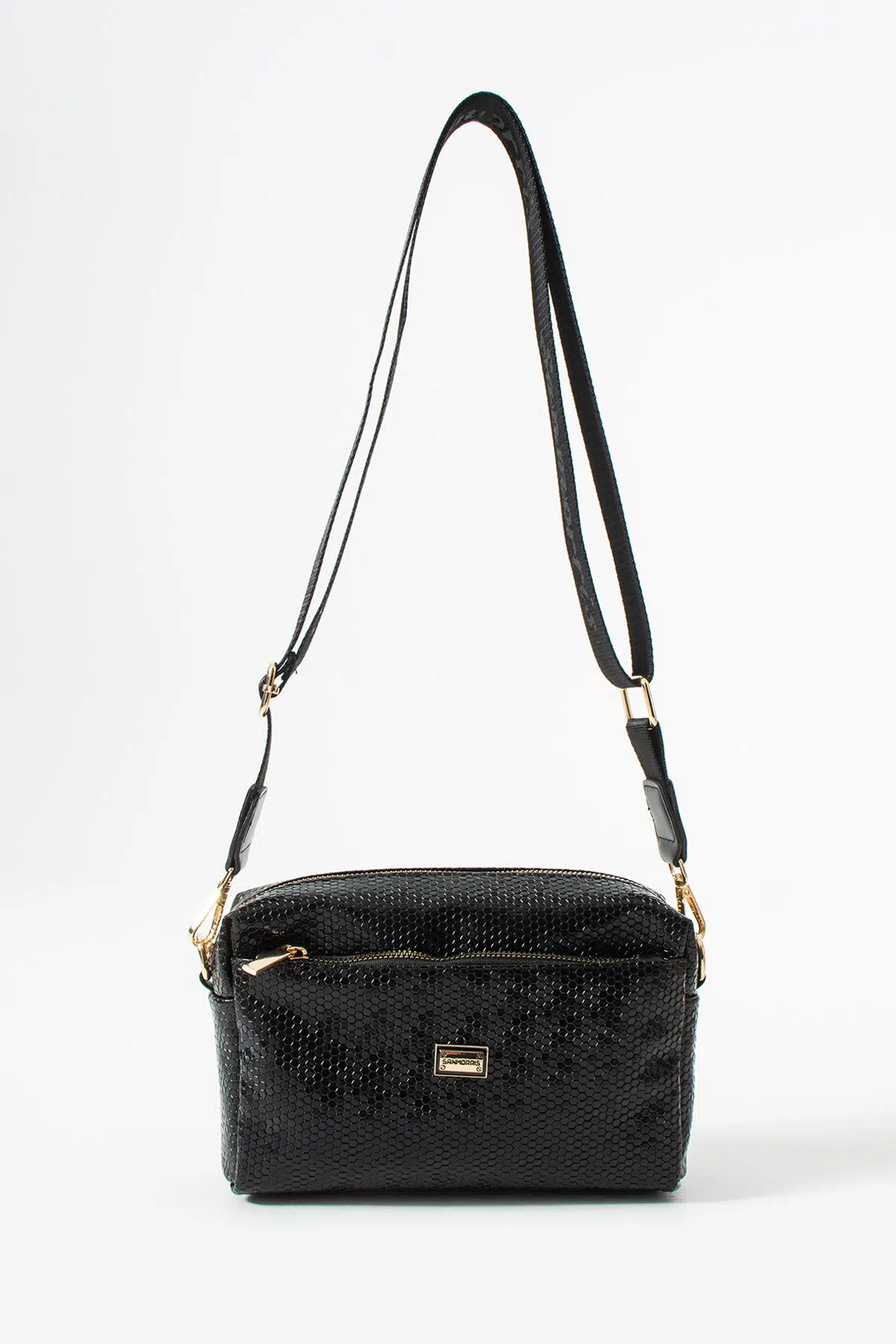 Kadın 3 Gözlü Suni Deri Geniş Askılı Çapraz Çanta - siyah damla