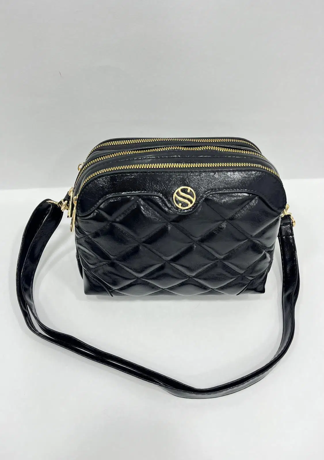 Kadın Ayarlanabilir Çapraz Askılı 4 Bölmelİ Siyah Parlak Omuz ve Çapraz Çanta S-1267