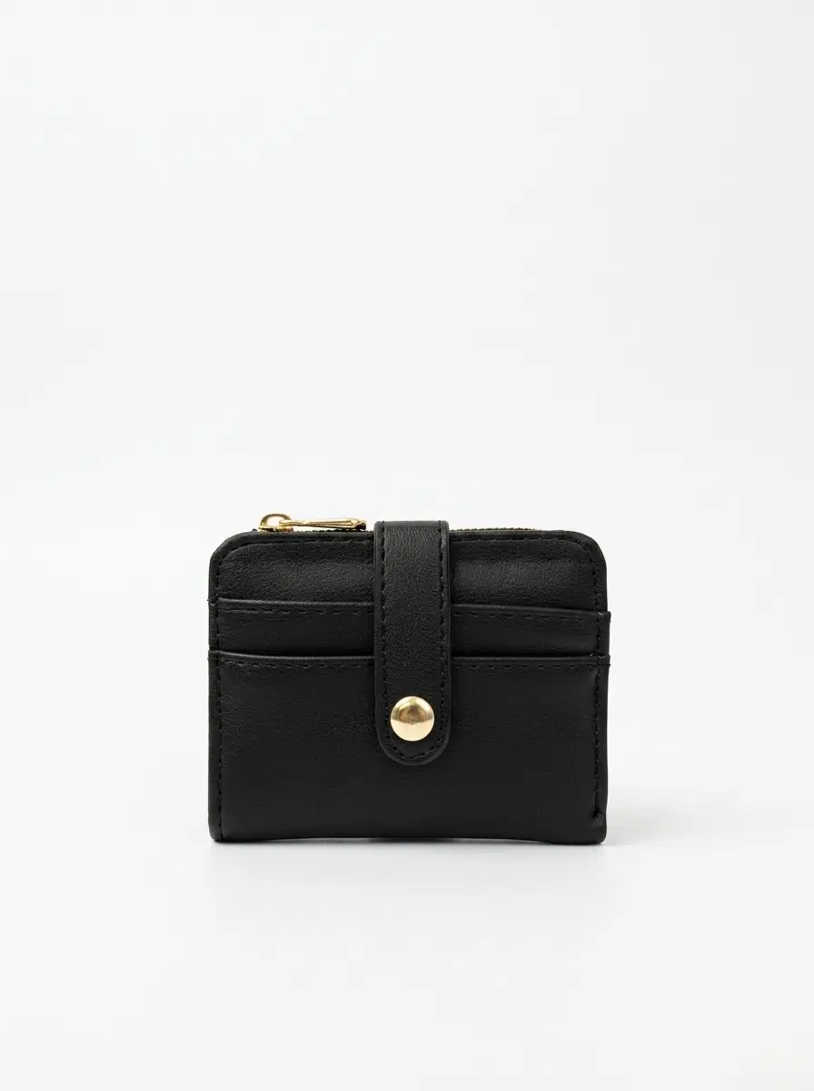 Kadın Suni Deri Kartlık, Fermuar Bölmeli Kompakt Cüzdan - siyah mat