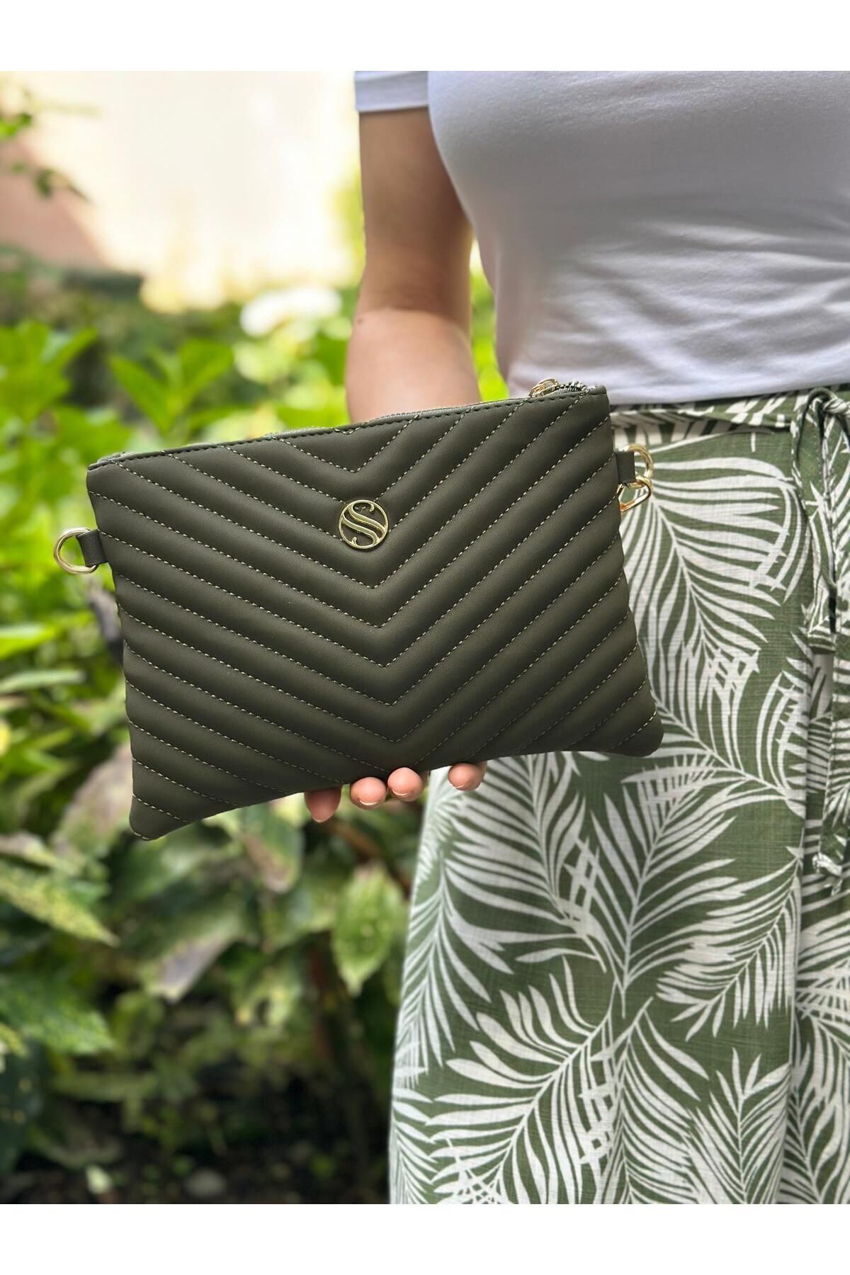 Kadın Haki Saten Kumaş Ayarlanabilir Çapraz Ve El Askılı Portföy, Clutch Çanta
