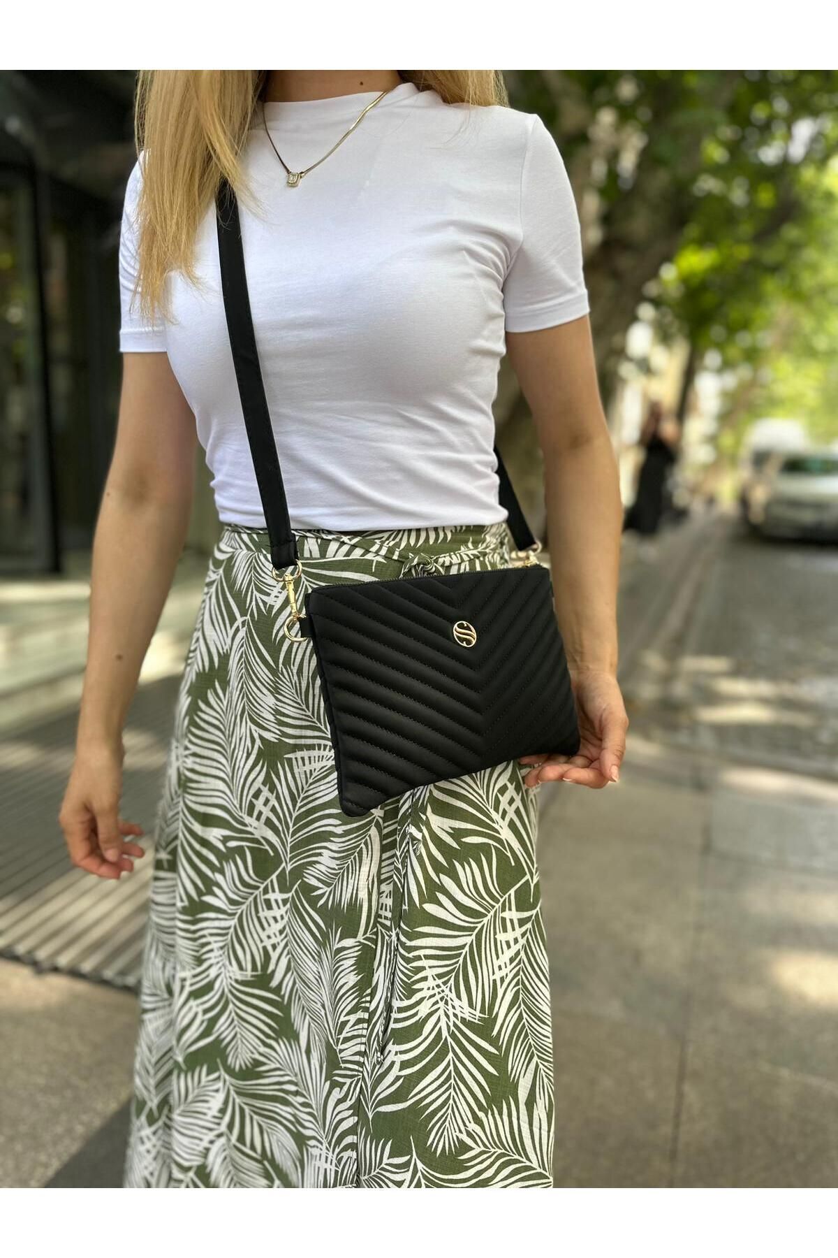 Kadın Siyah Renkli Saten Kumaş Ayarlanabilir Çapraz Ve El Askılı Portföy, Clutch Çanta