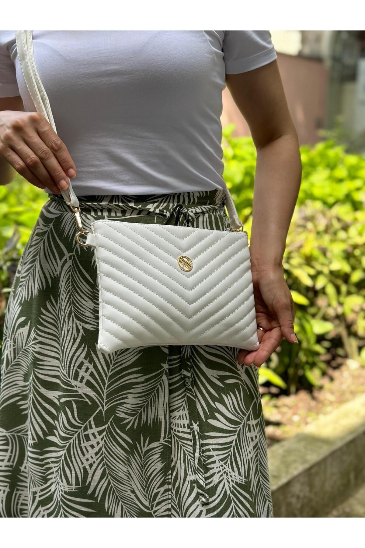 Kadın Suni Deri Beyaz Renkli Ayarlanabilir Çapraz Ve El Askılı Portföy, Clutch Çanta