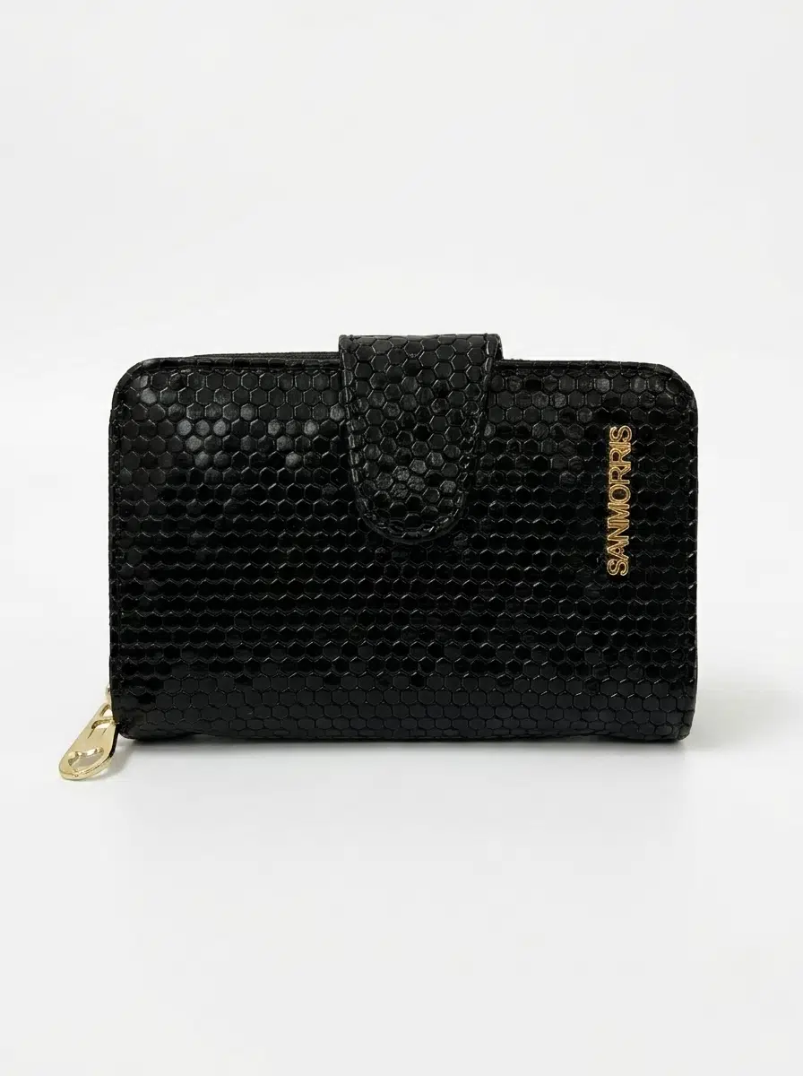 Kadın Suni Deri Fermuarlı ve Çıtçıt Bölmeli Şık Cüzdan S-2003 - siyah damla