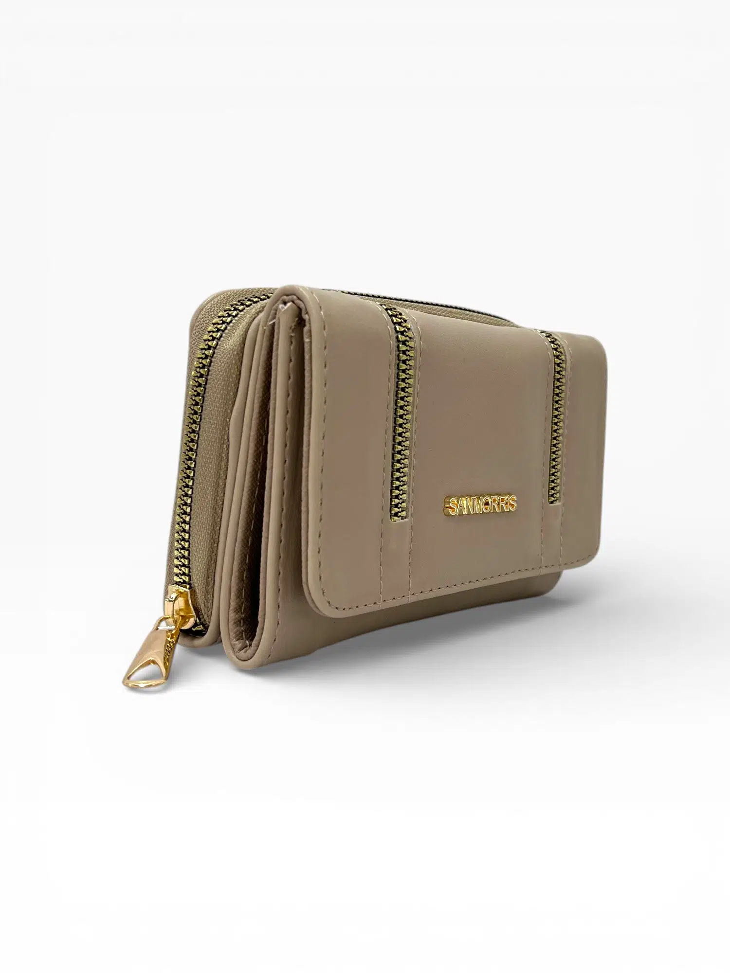 Kadın Suni Deri Gold Fermuar Detaylı Şık Cüzdan - kum mat