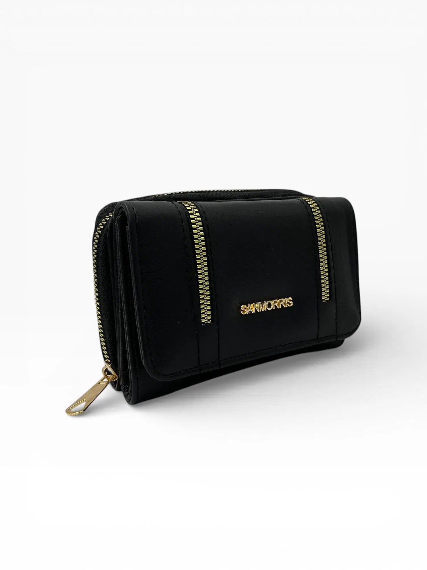 Kadın Suni Deri Gold Fermuar Detaylı Şık Cüzdan - siyah mat