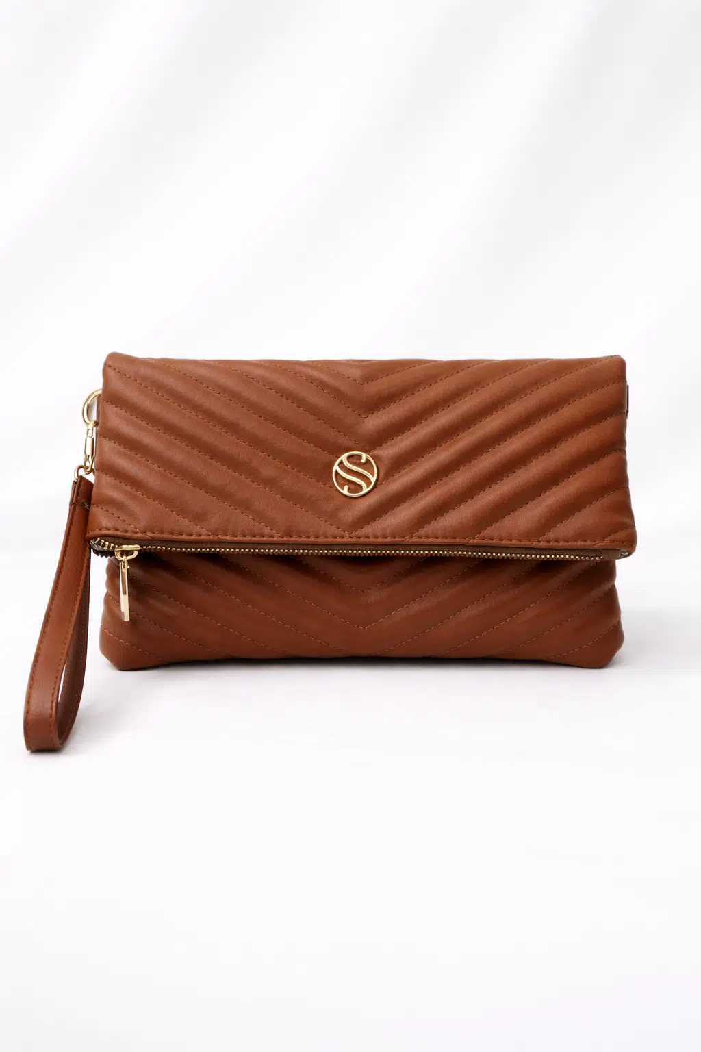 Kadın Suni Deri Kapitone Desenli Çapraz Askılı Mıknatıslı ve Fermuarlı Taba Portföy Çanta