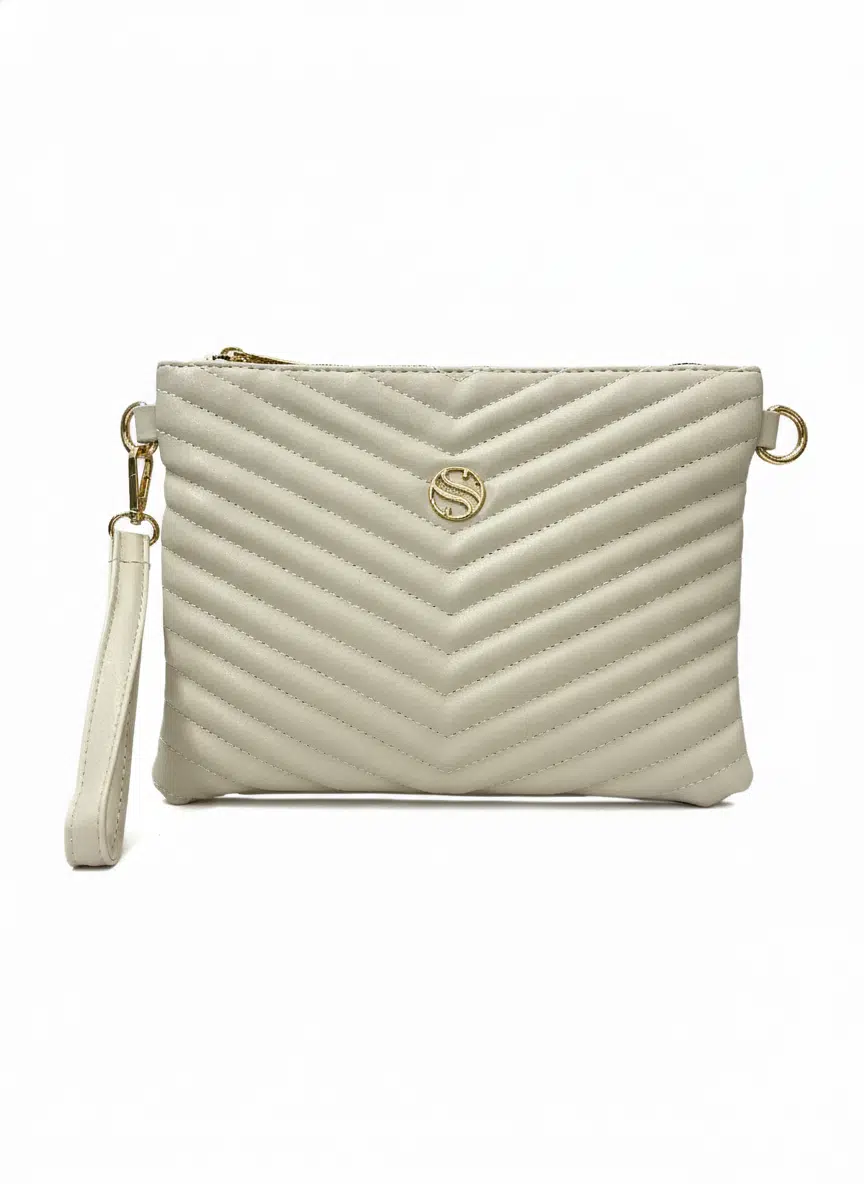 Kadın Suni Deri Krem Renkli Ayarlanabilir Çapraz Ve El Askılı Portföy, Clutch Çanta