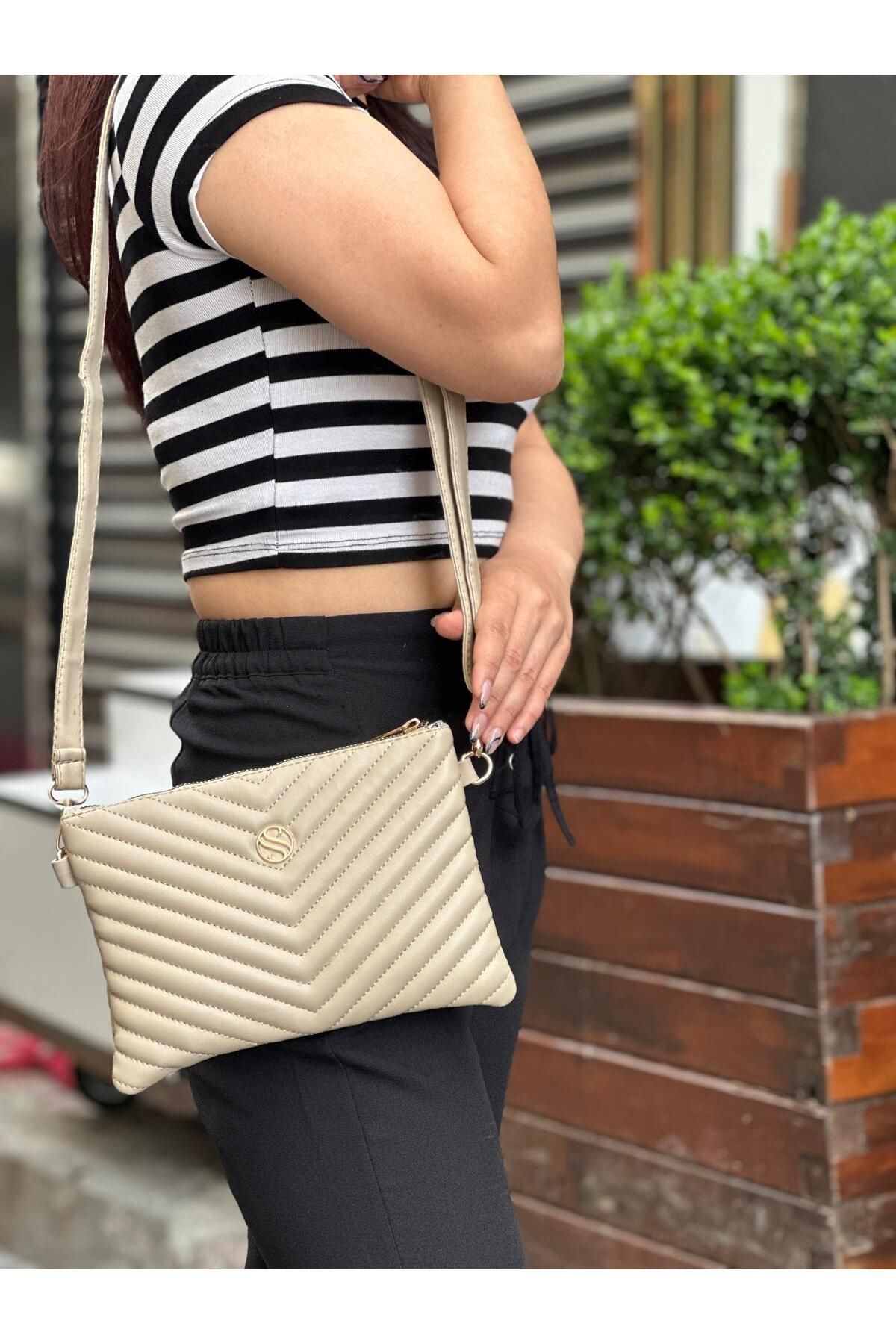 Kadın Suni Deri Kum Mat Ayarlanabilir Çapraz Ve El Askılı Deri Portföy, Clutch Çanta
