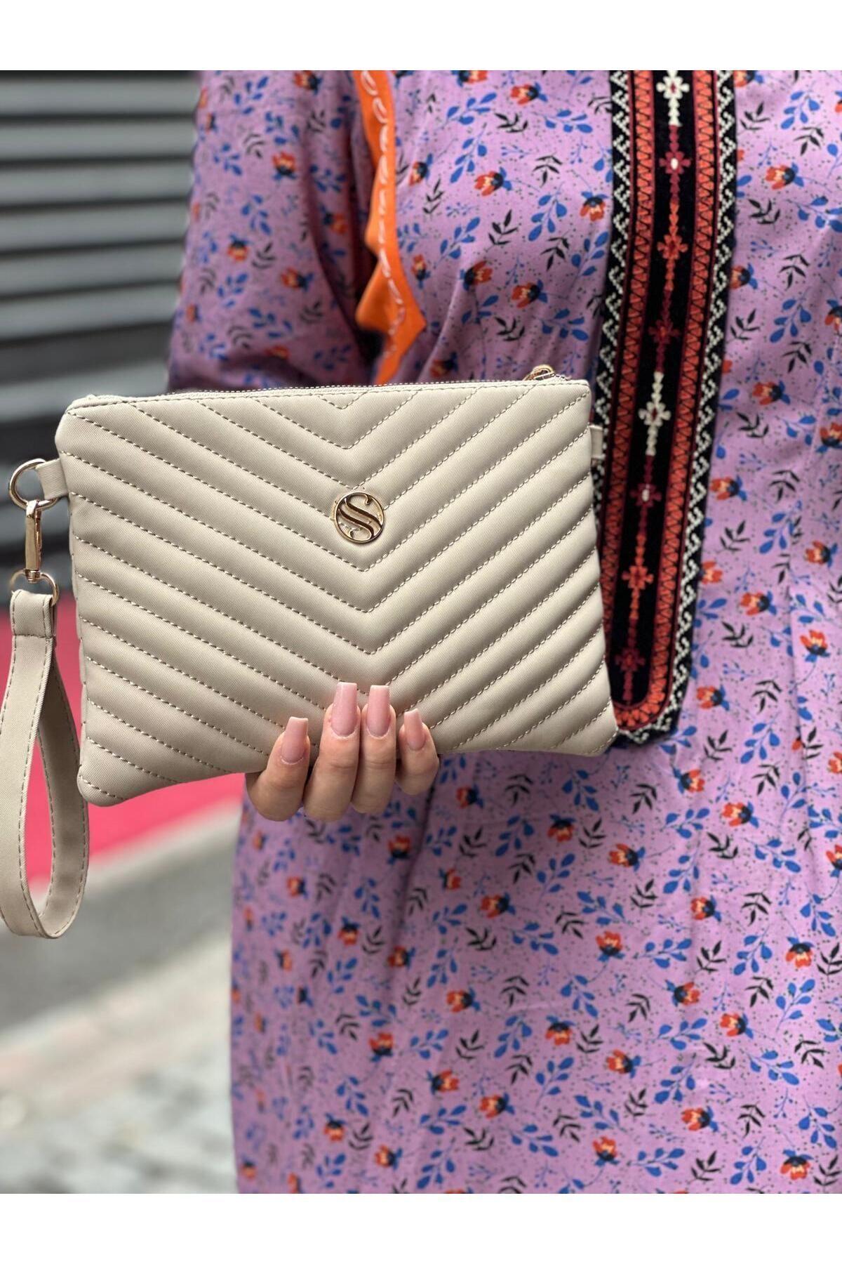 Kadın Suni Deri Kum Saten Kumaş Ayarlanabilir Çapraz Ve El Askılı Portföy, Clutch Çanta