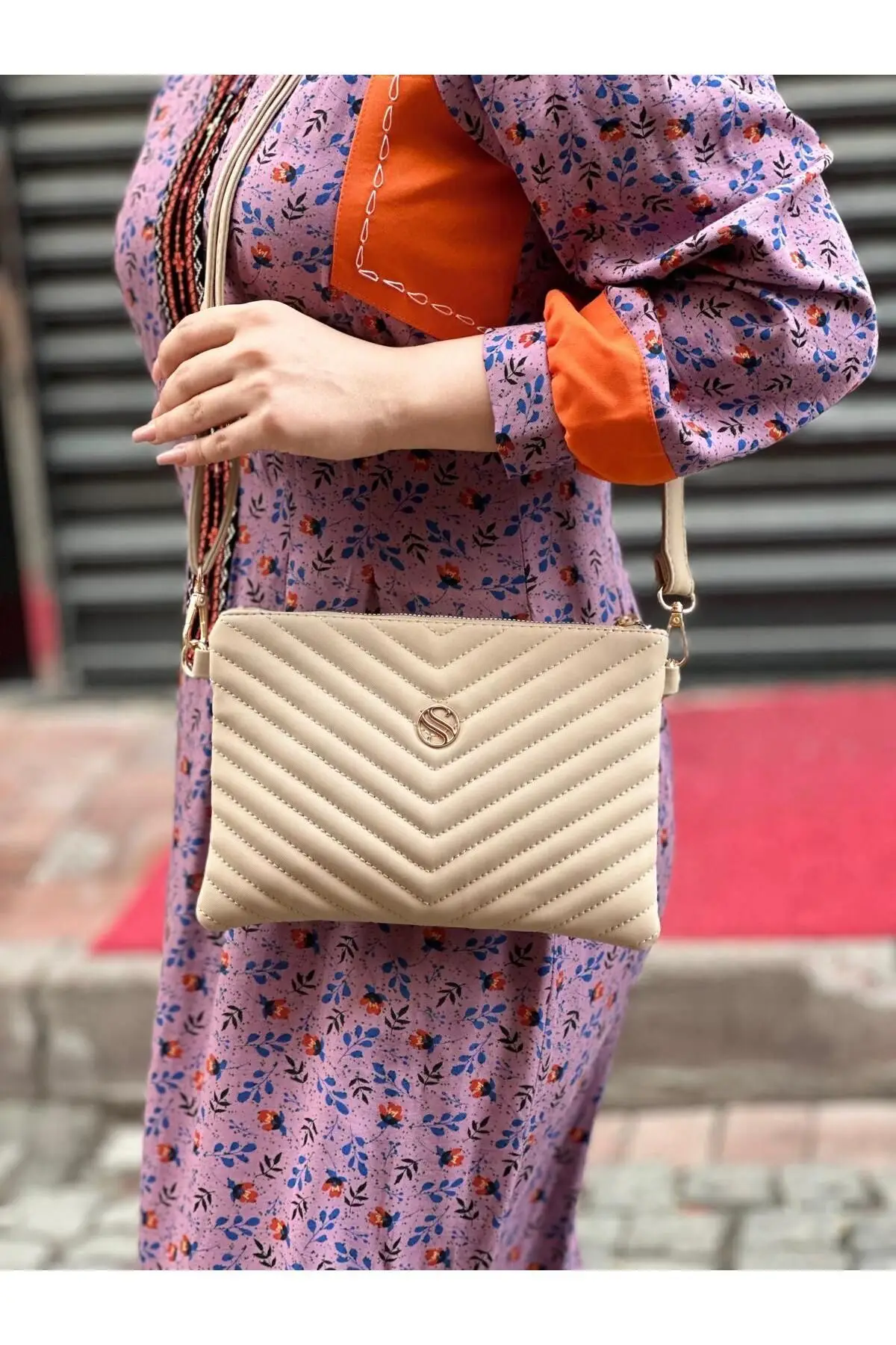 Kadın Suni Deri Kum Saten Kumaş Ayarlanabilir Çapraz Ve El Askılı Portföy, Clutch Çanta