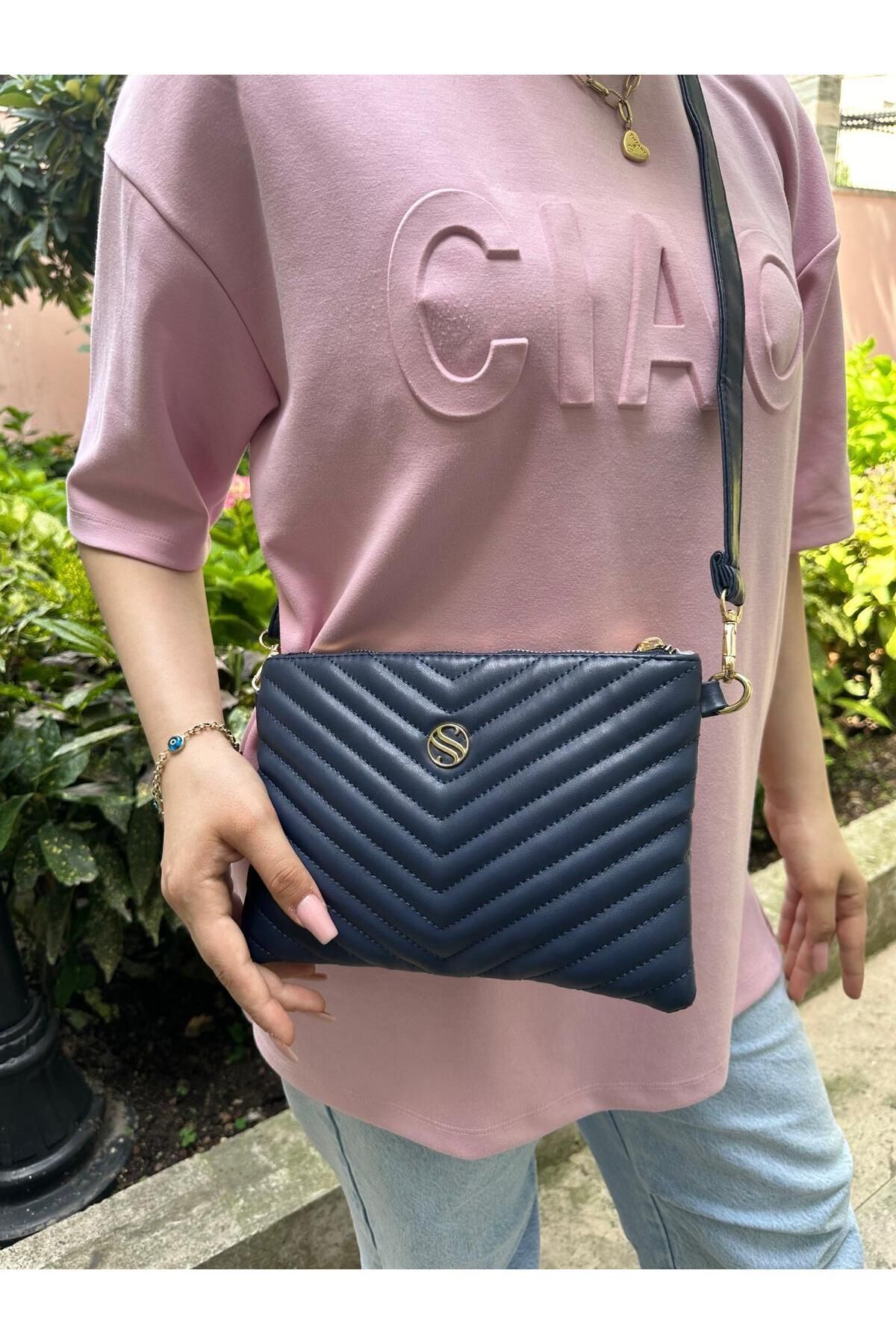 Kadın Suni Deri Lacivert Renkli Ayarlanabilir Çapraz Ve El Askılı Portföy, Clutch Çanta