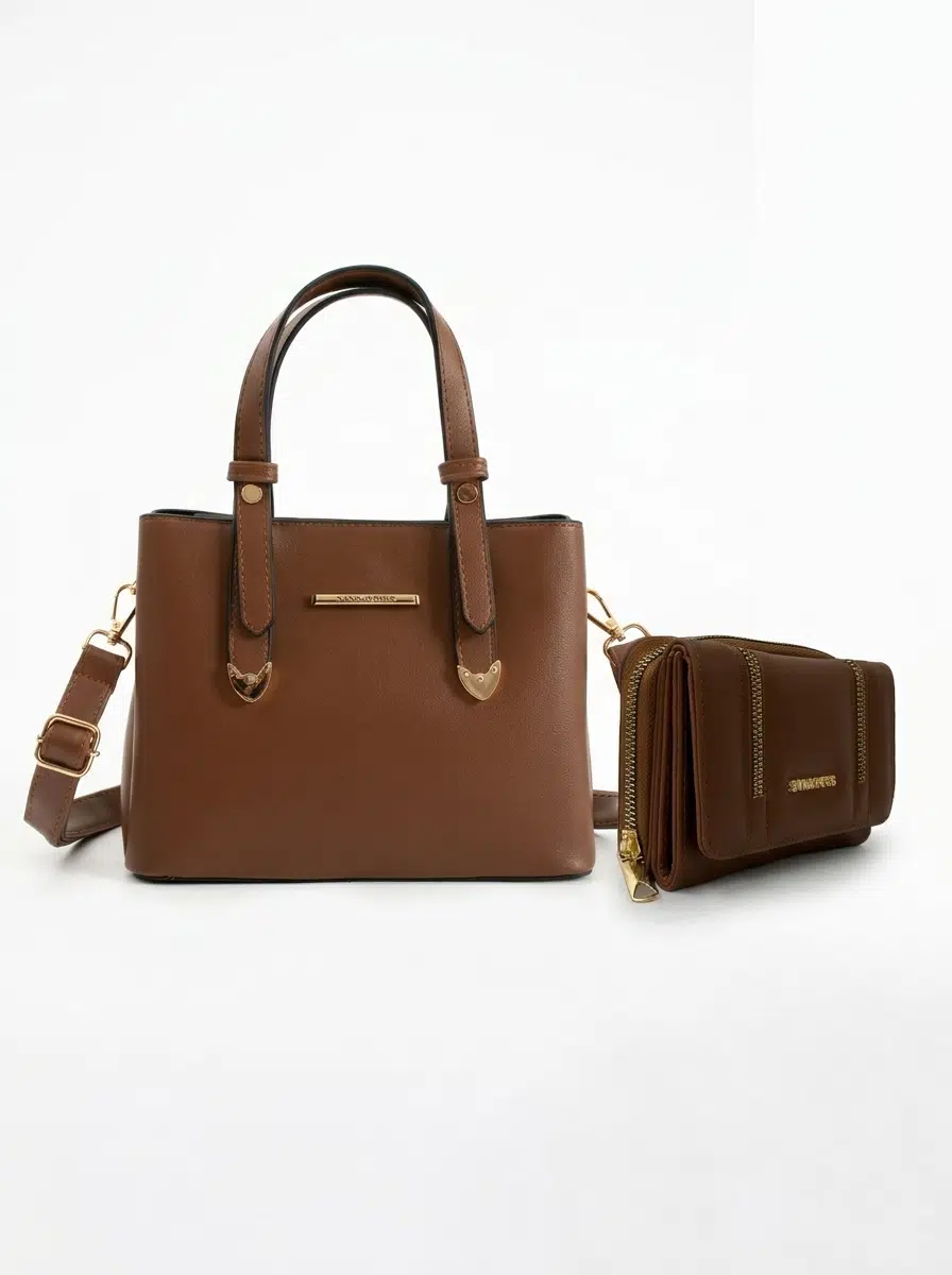 Kadın Suni Deri Omuz Çantası ve Kombin Cüzdan Seti - taba mat