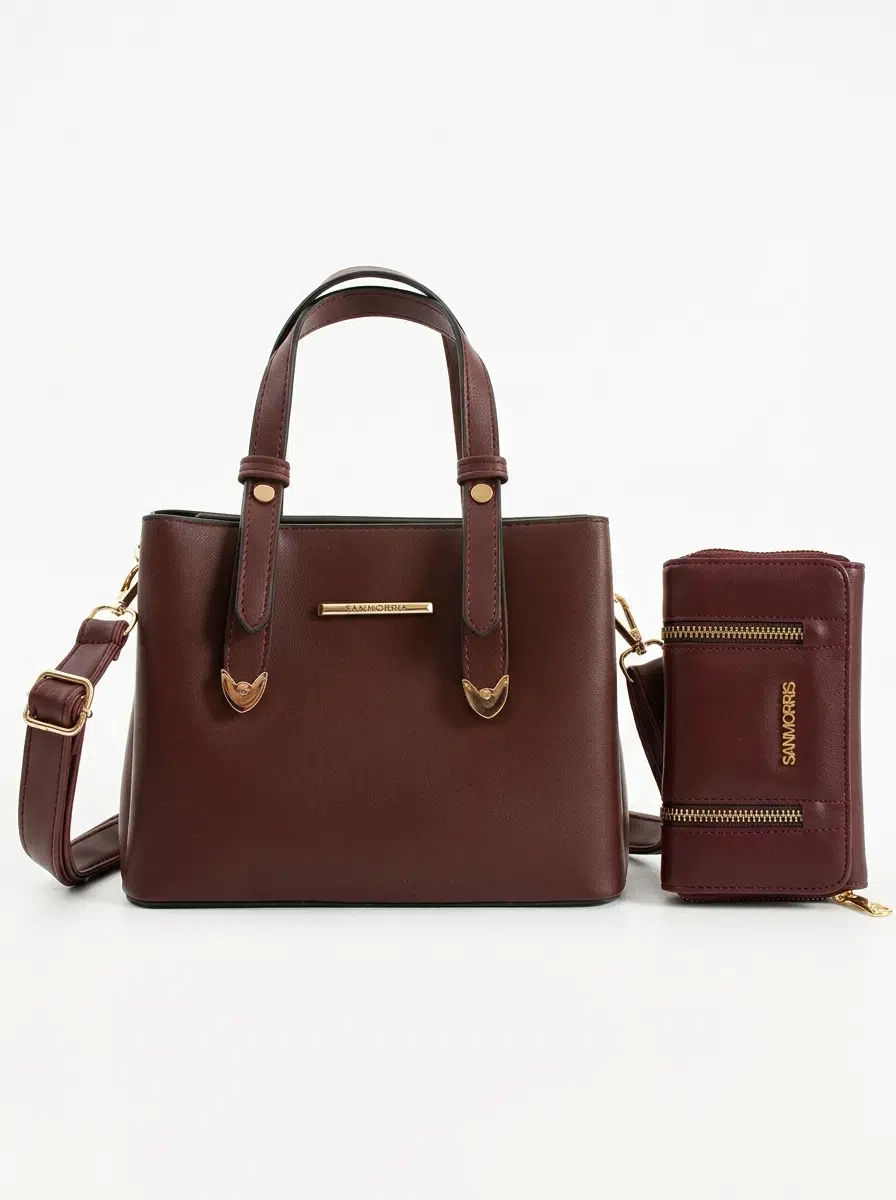 Kadın Suni Deri Omuz Çantası ve Kombin Cüzdan Seti - bordo