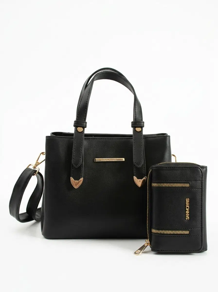 Kadın Suni Deri Omuz Çantası ve Kombin Cüzdan Seti - siyah mat