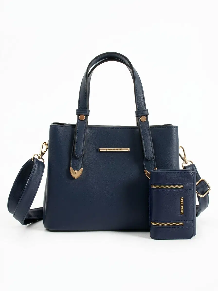 Kadın Suni Deri Omuz Çantası ve Kombin Cüzdan Seti - lacivert
