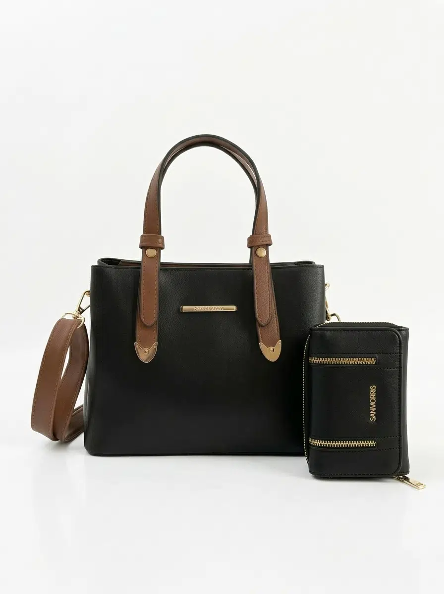 Kadın Suni Deri Omuz Çantası ve Kombin Cüzdan Seti - siyaha taba