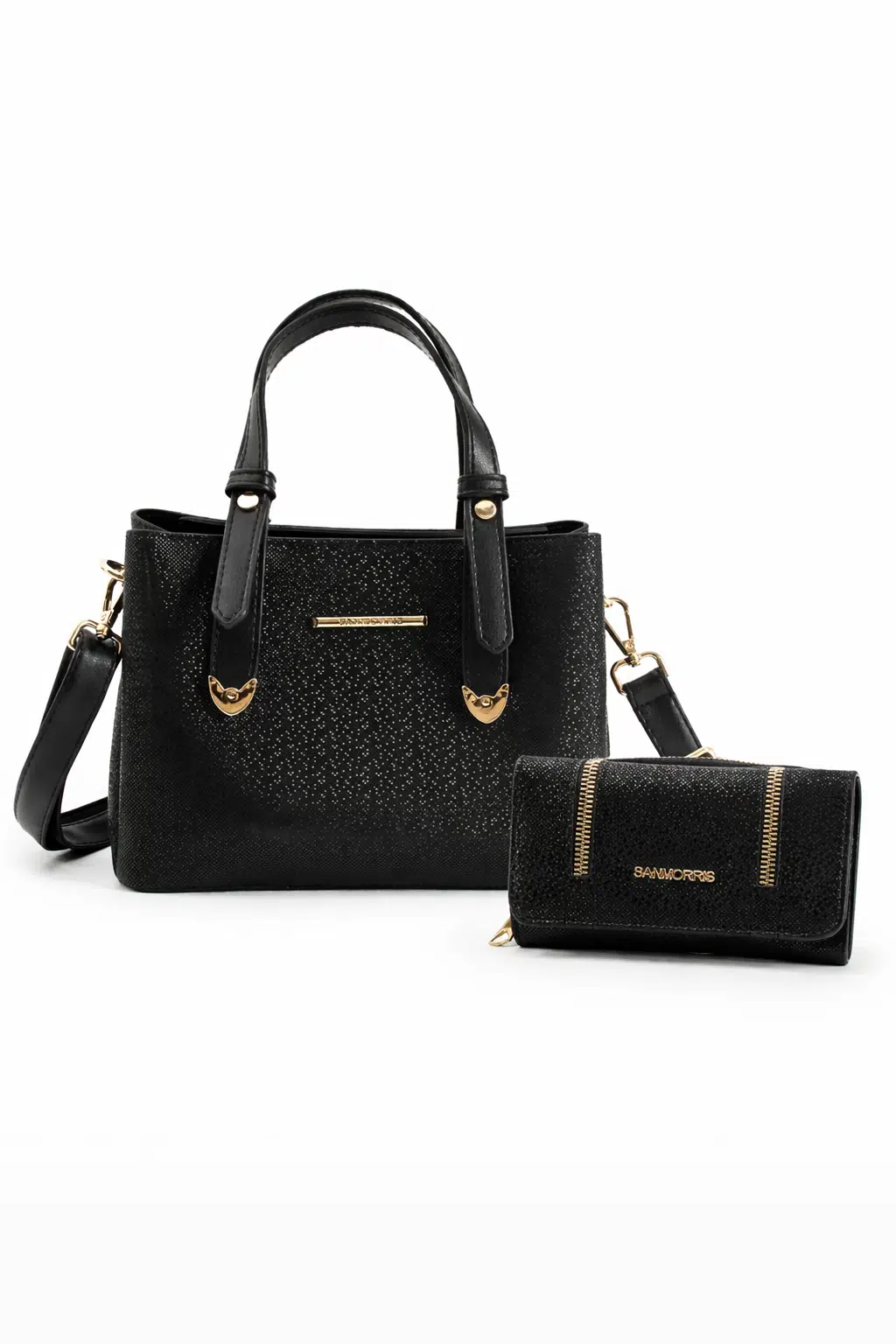 Kadın Suni Deri Omuz Çantası ve Kombin Cüzdan Seti - siyah mozaik