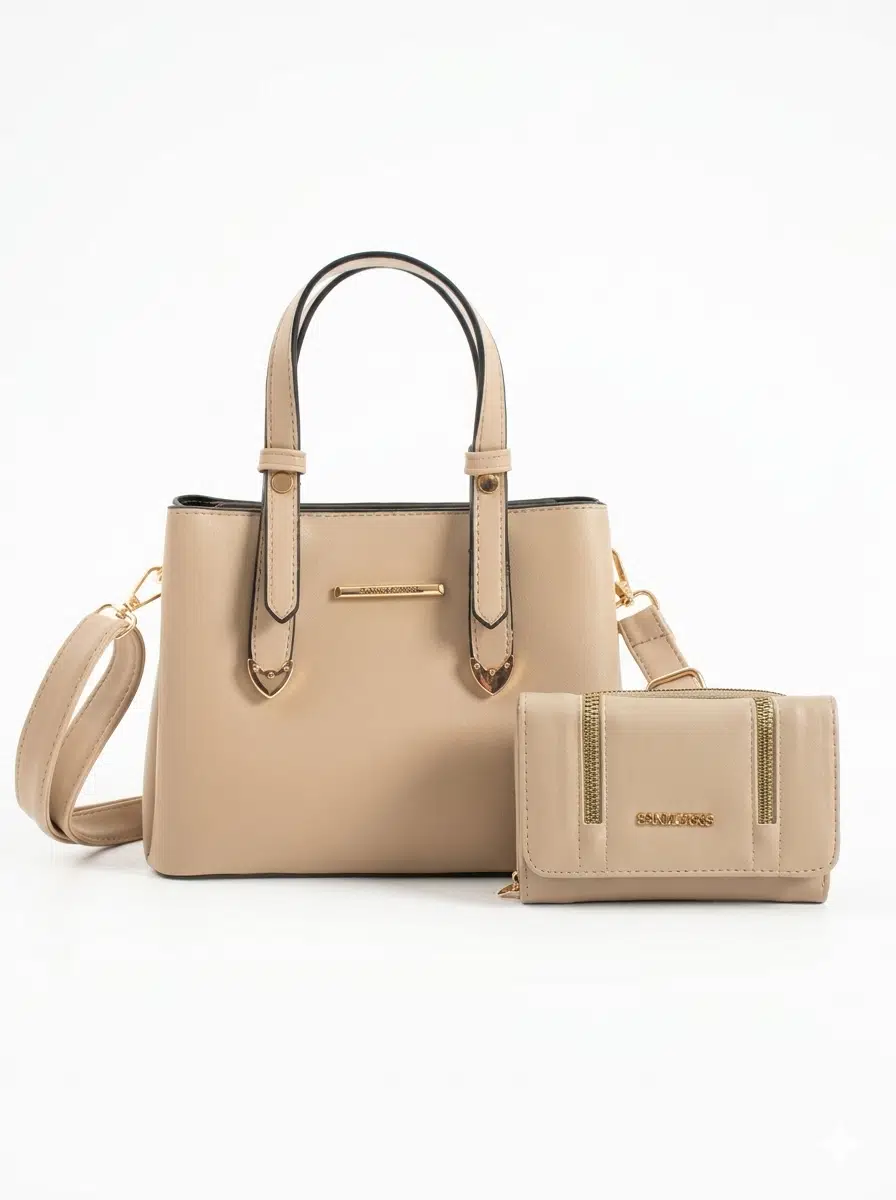 Kadın Suni Deri Omuz Çantası ve Kombin Cüzdan Seti - kum mat