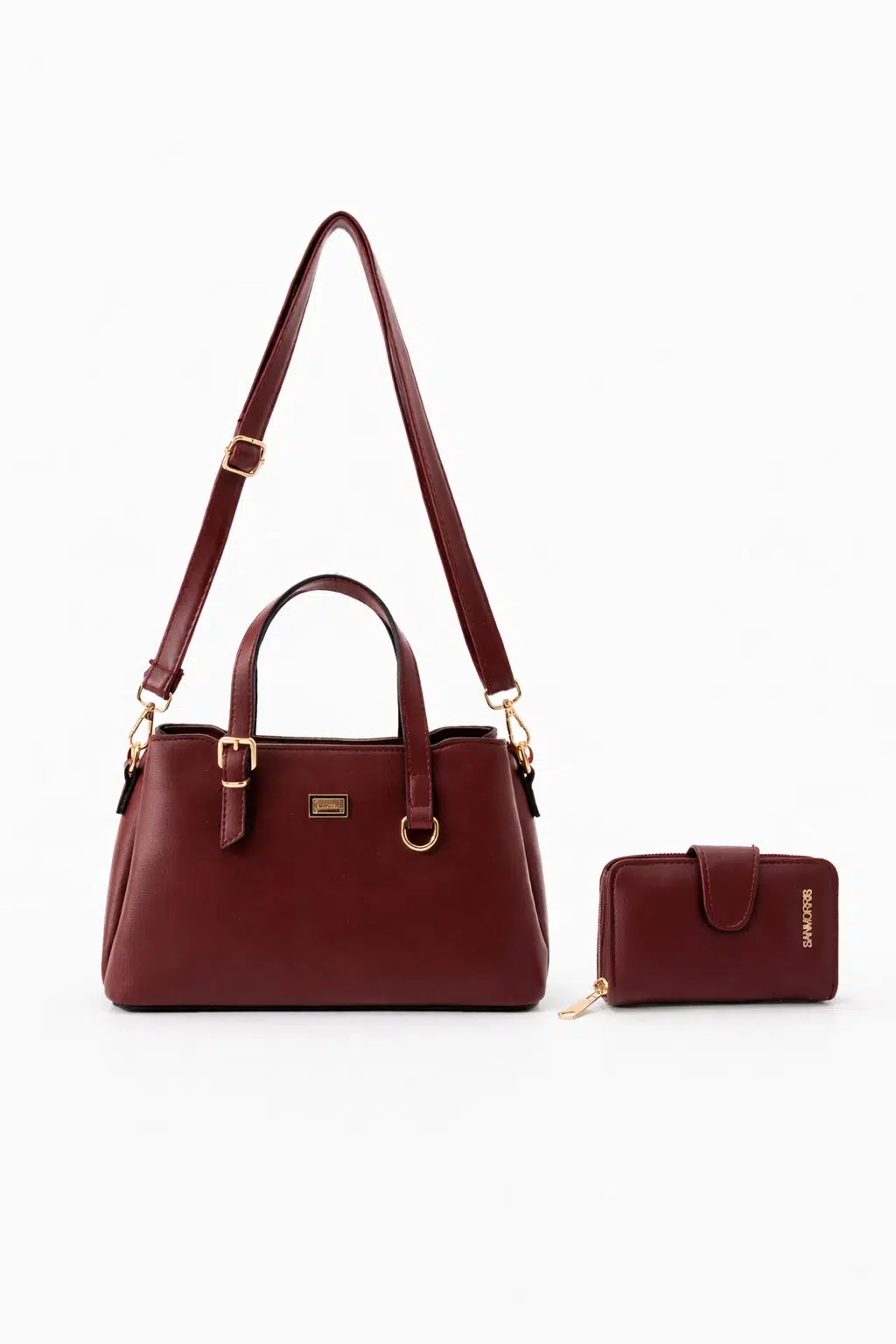 Kadın Suni Deri Şık Tasarım El Ve Omuz Çantası, Cüzdan Seti - bordo