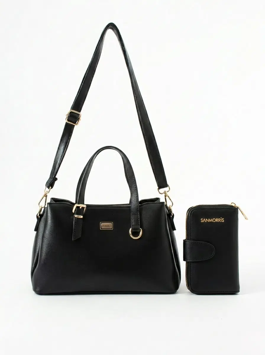 Kadın Suni Deri Şık Tasarım El Ve Omuz Çantası, Cüzdan Seti - siyah mat