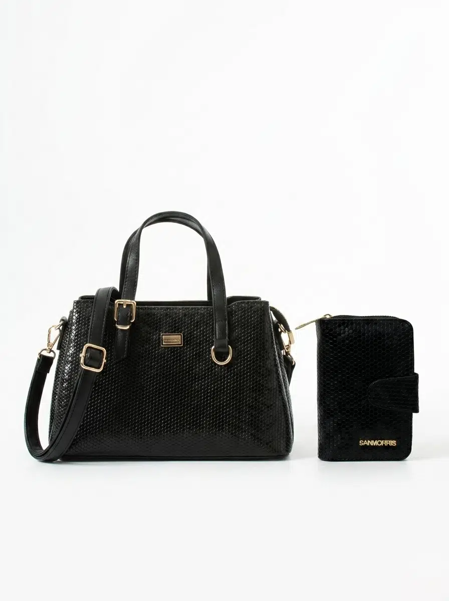 Kadın Suni Deri Şık Tasarım El Ve Omuz Çantası, Cüzdan Seti - siyah damla