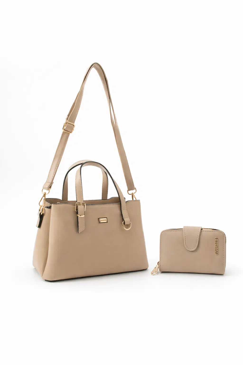 Kadın Suni Deri Şık Tasarım El Ve Omuz Çantası, Cüzdan Seti - kum mat
