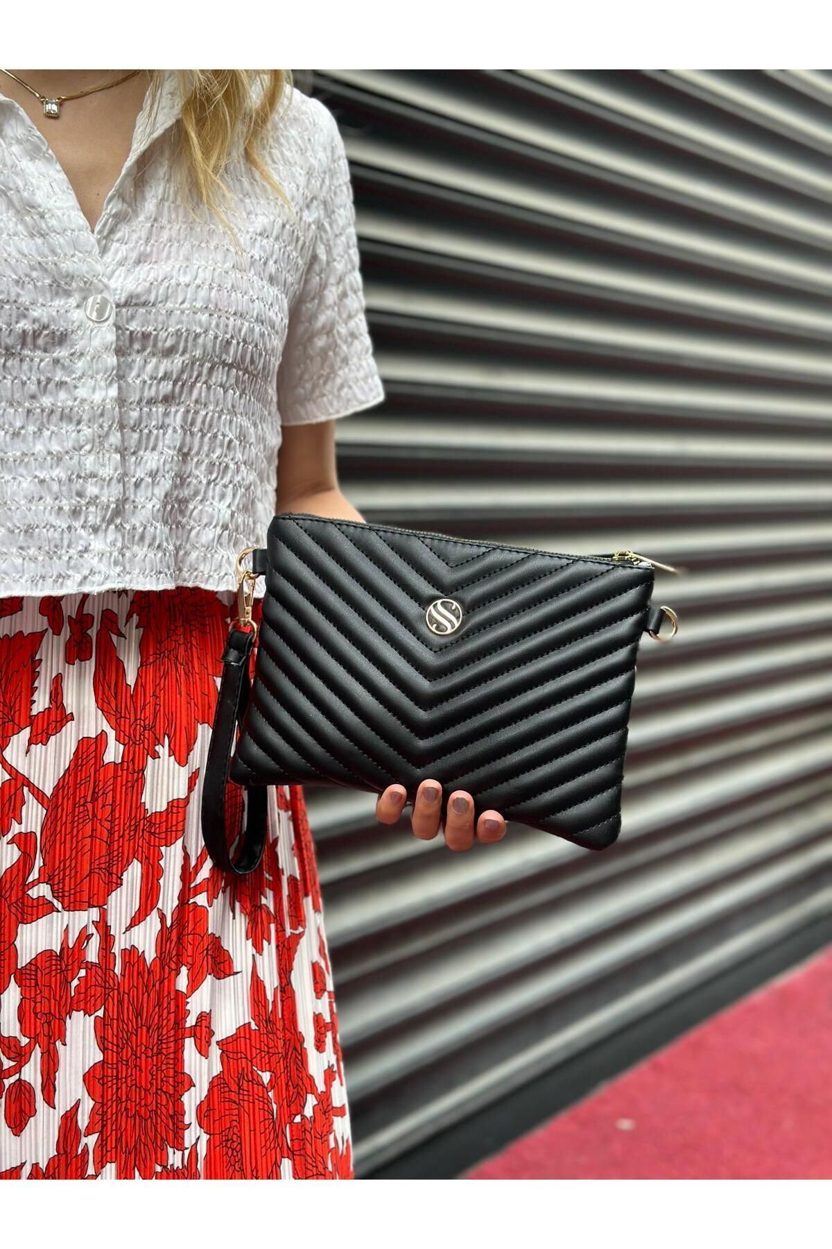 Kadın Suni Deri Siyah Mat Ayarlanabilir Çapraz Ve El Askılı Portföy, Clutch Çanta