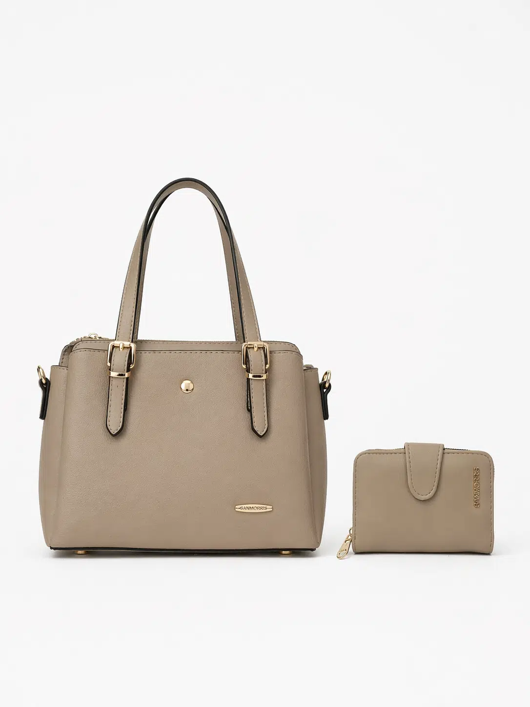 Kadın Uzun Askılı 4 Bölmeli Gold Aksesuarlı Omuz Çantası, Cüzdan Seti - kum mat