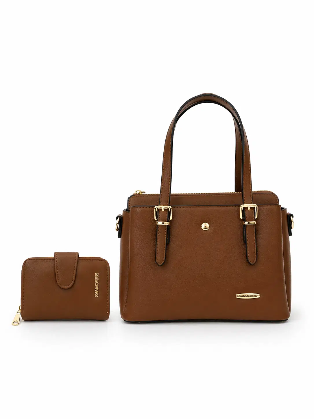 Kadın Uzun Askılı 4 Bölmeli Gold Aksesuarlı Omuz Çantası, Cüzdan Seti - taba mat