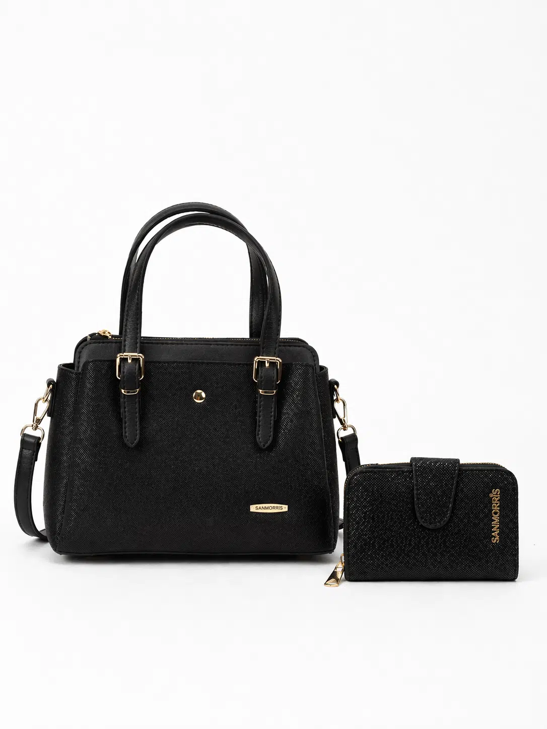 Kadın Uzun Askılı 4 Bölmeli Gold Aksesuarlı Omuz Çantası, Cüzdan Seti - siyah mozaik