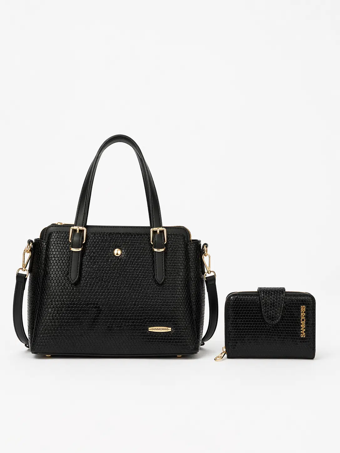 Kadın Uzun Askılı 4 Bölmeli Gold Aksesuarlı Omuz Çantası, Cüzdan Seti - siyah damla