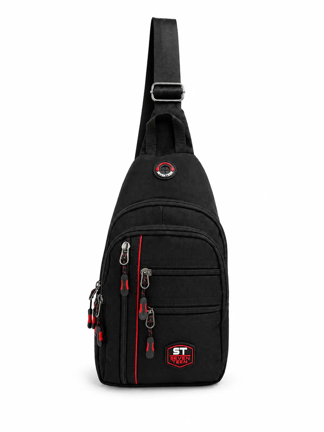 SEVENTEEN Unisex Orta Boy Çok Gözlü Çapraz Askılı Body Bag - Siyah-Kırmızı