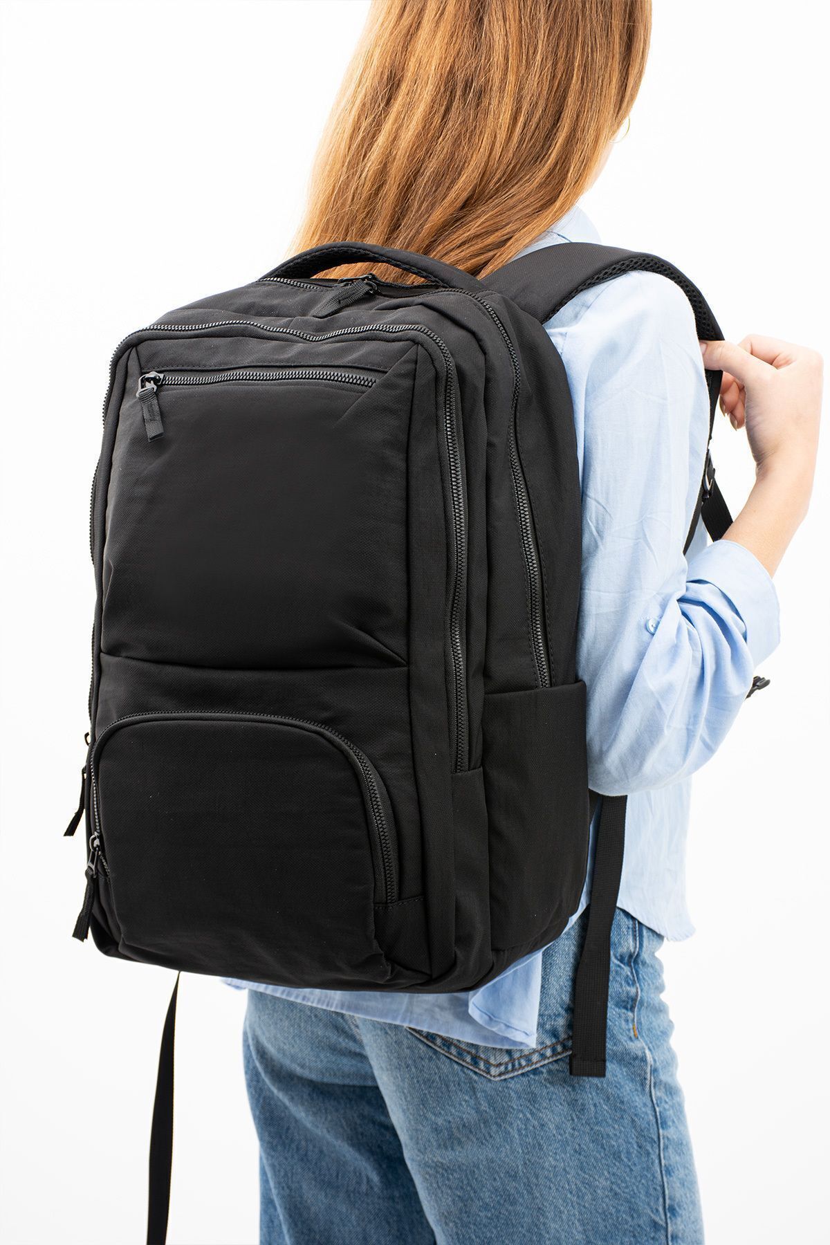 Siyah Unisex Laptop Bölmeli Suya Dayanıklı Paraşüt Kumaş Fonksiyonel Sırt Çantası