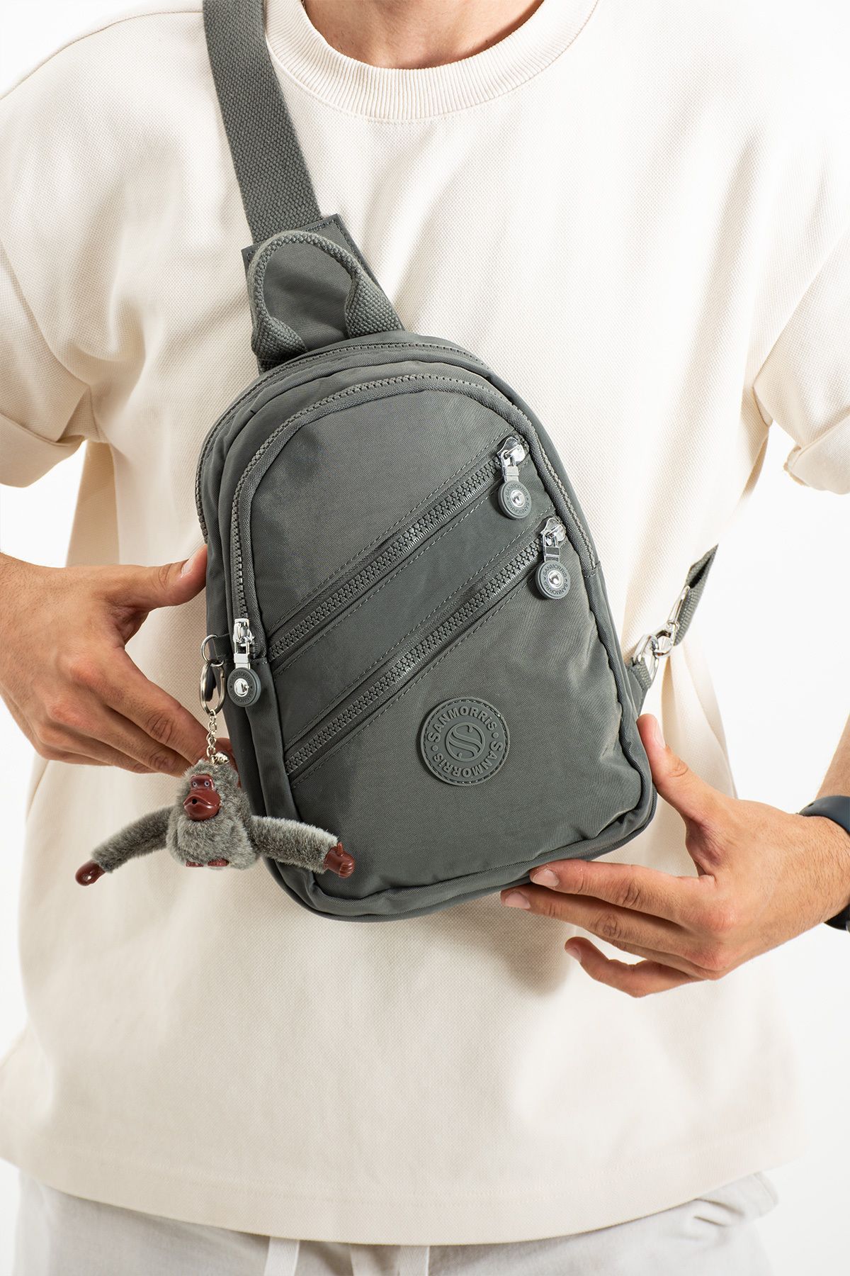 Unisex Kırinkıl Kumaş Koyu Gri Renkli Suya Dayanıklı Çok Bölmeli Omuz Çanta Body Bag