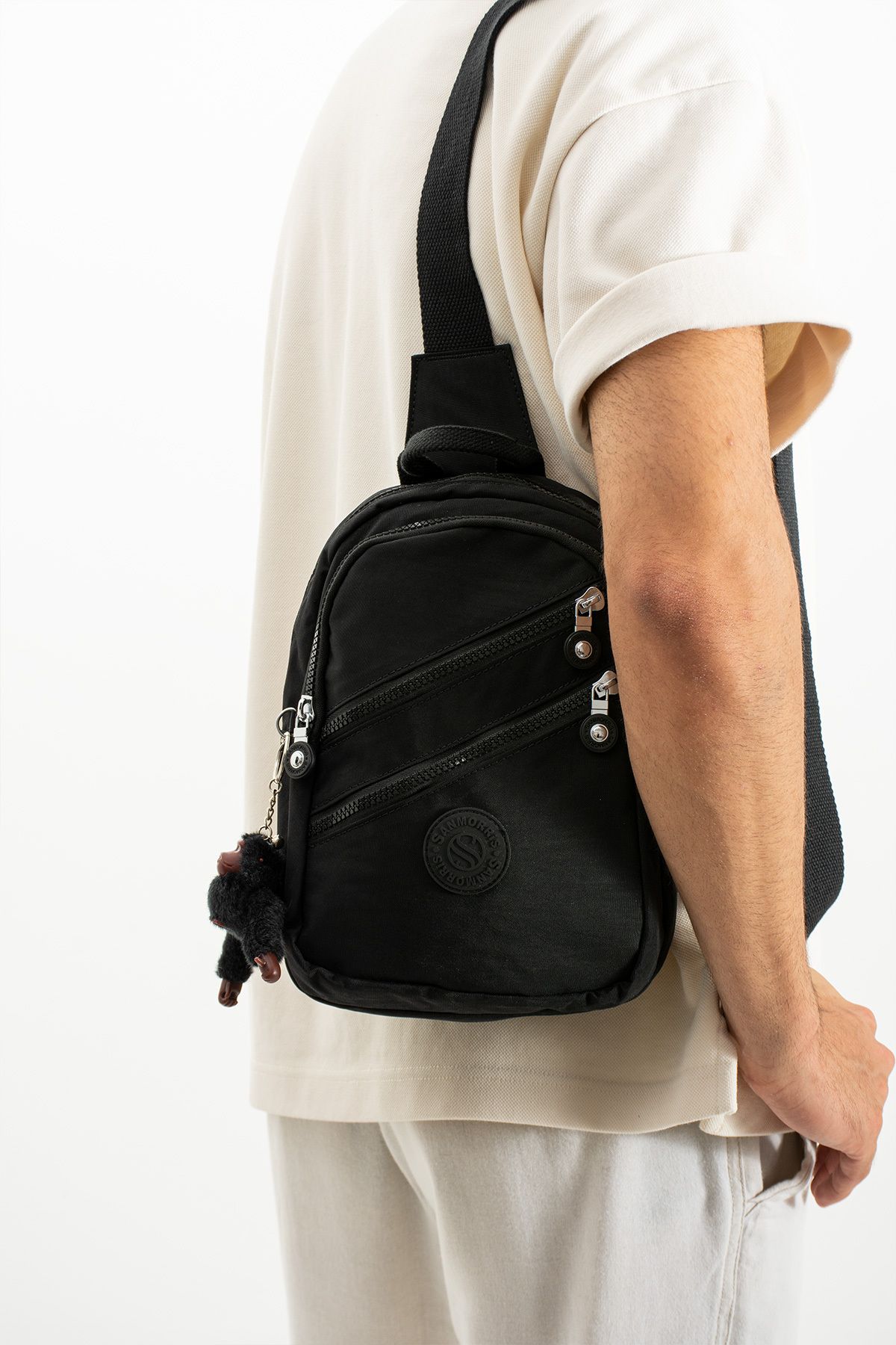 Unisex Kırinkıl Kumaş Siyah Renkli Suya Dayanıklı Çok Bölmeli Omuz Çantası Body Bag