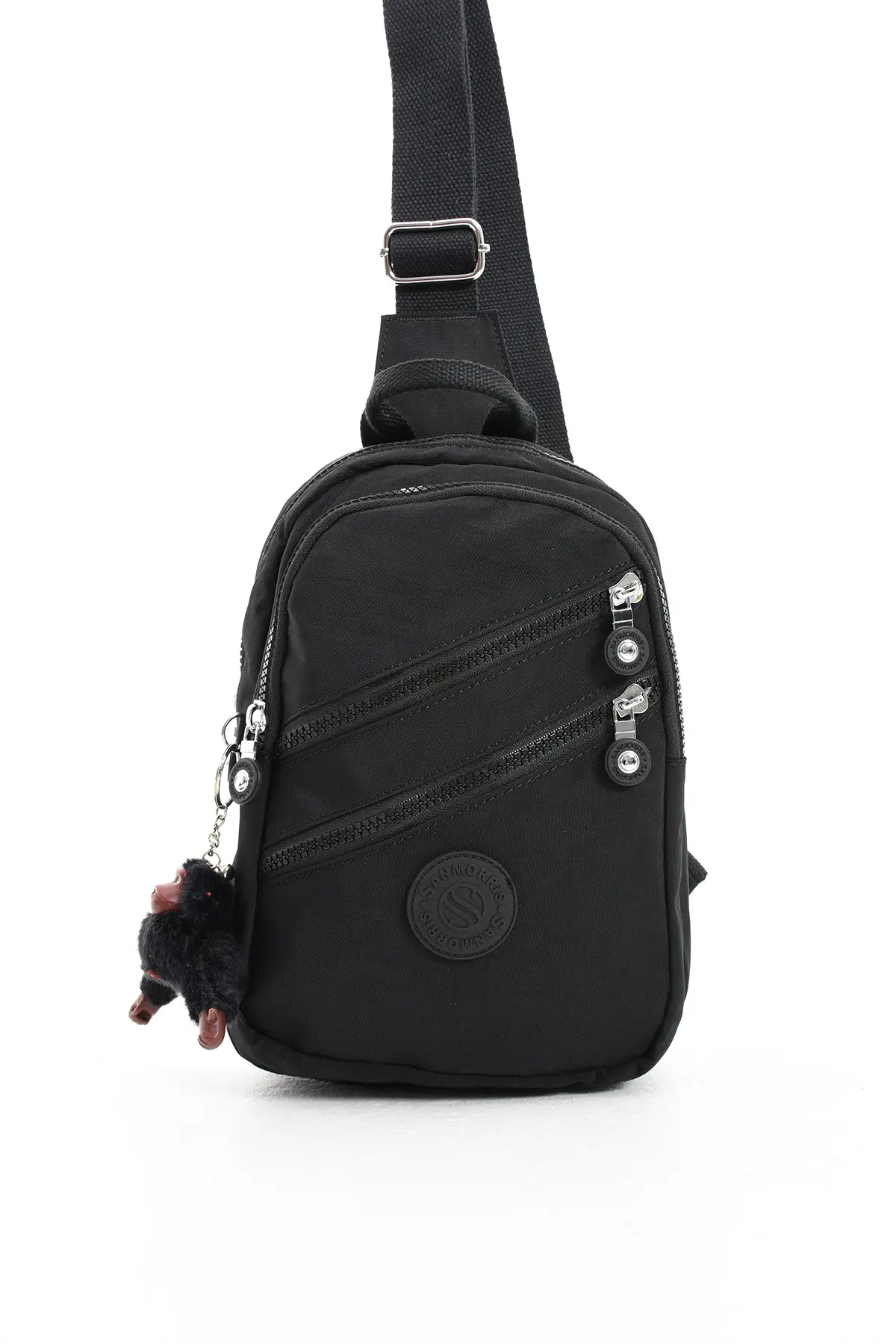 Unisex Kırinkıl Kumaş Siyah Renkli Suya Dayanıklı Çok Bölmeli Omuz Çantası Body Bag