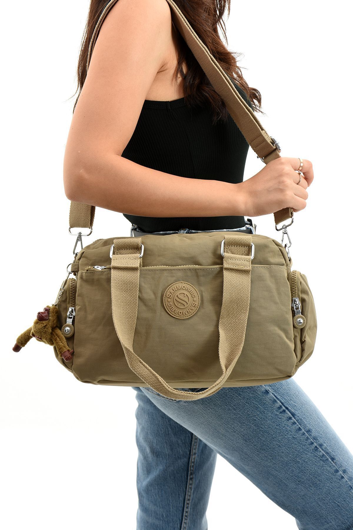 Unisex Krinkıl Kumaş Omuz Ve Çapraz Askılı Bej Renkli Çanta