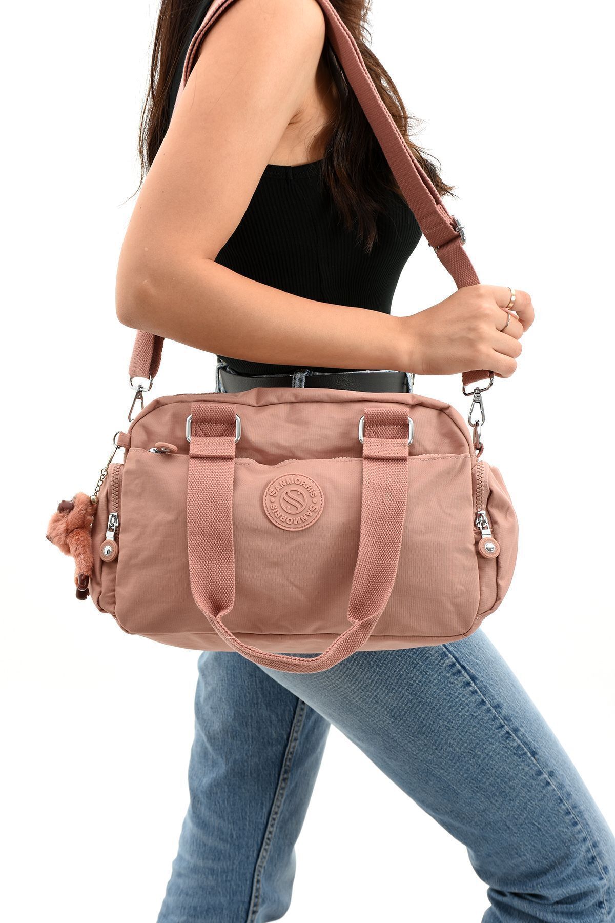 Unisex Krinkıl Kumaş Pembe Renkli Omuz Ve Çapraz Askılı Çanta