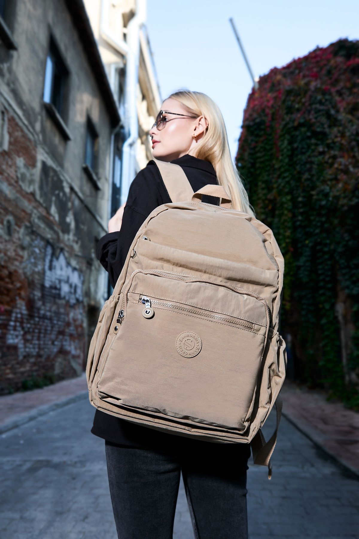 Unisex Suya Dayanıklı Büyük Boy Krinkıl Kumaş Çok Gözlü Bej Laptop Okul Ve Seyahat Sırt Çantası