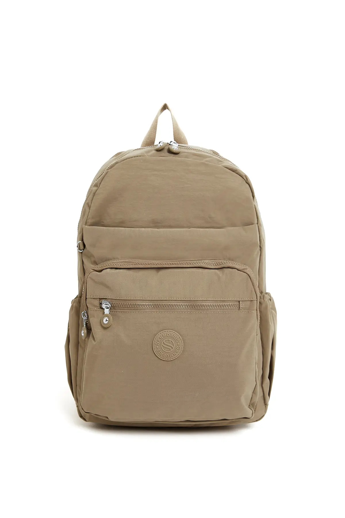 Unisex Suya Dayanıklı Büyük Boy Krinkıl Kumaş Çok Gözlü Bej Laptop Okul Ve Seyahat Sırt Çantası