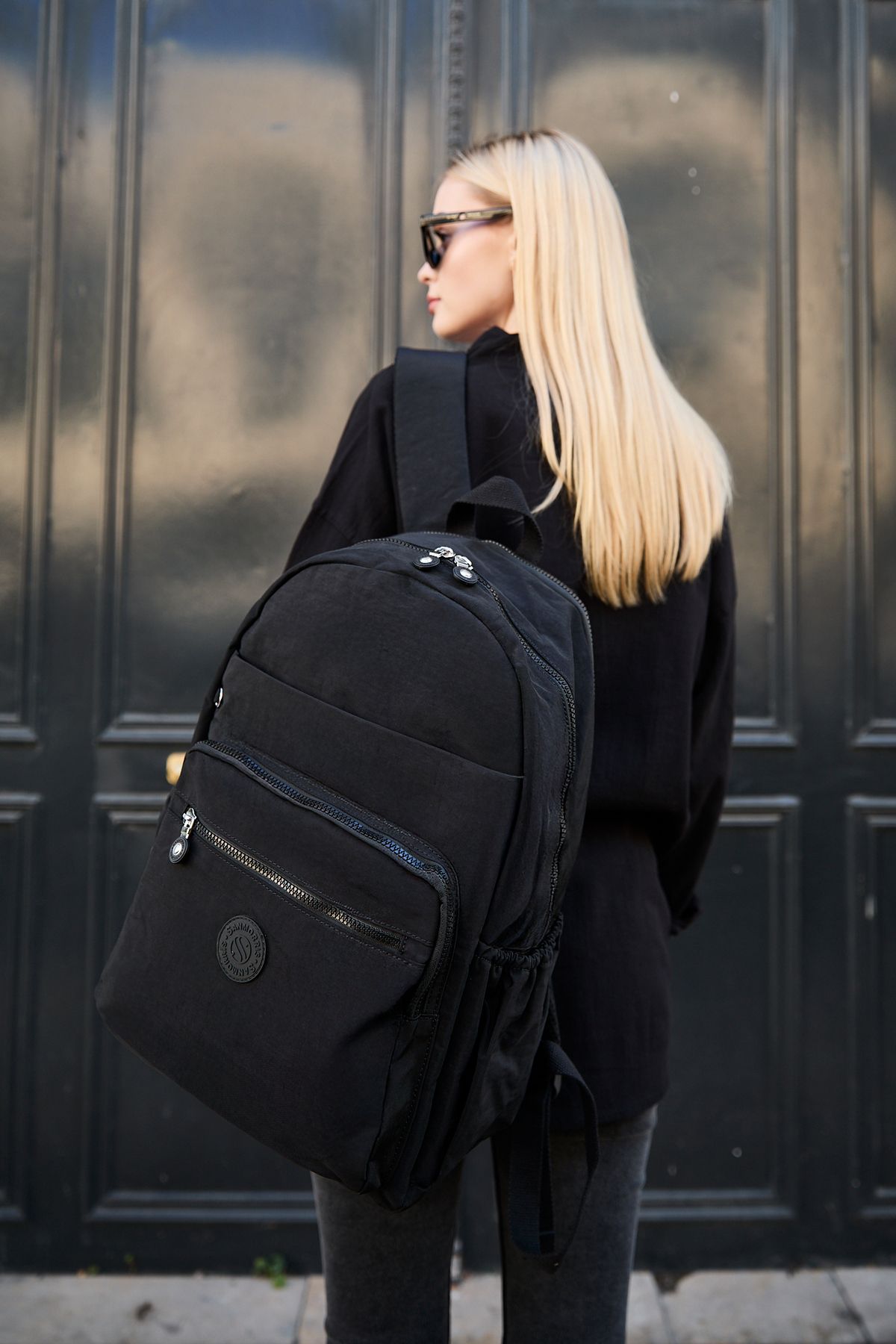 Unisex Suya Dayanıklı Büyük Boy Krinkıl Kumaş Çok Gözlü Siyah Laptop Okul Ve Seyahat Sırt Çantası