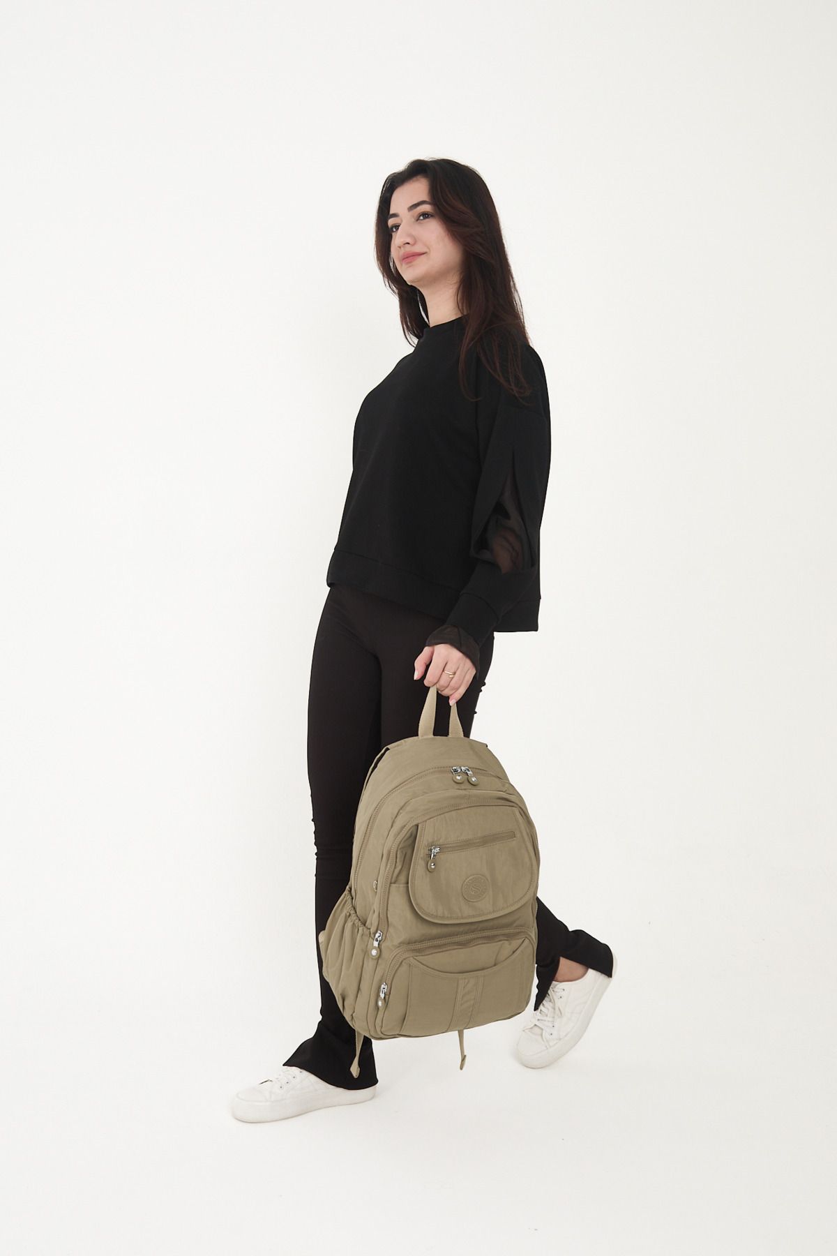 Unisex Suya Dayanıklı Krinkıl Kumaş Çok Gözlü Bej Laptop Okul Ve Sırt Çantası
