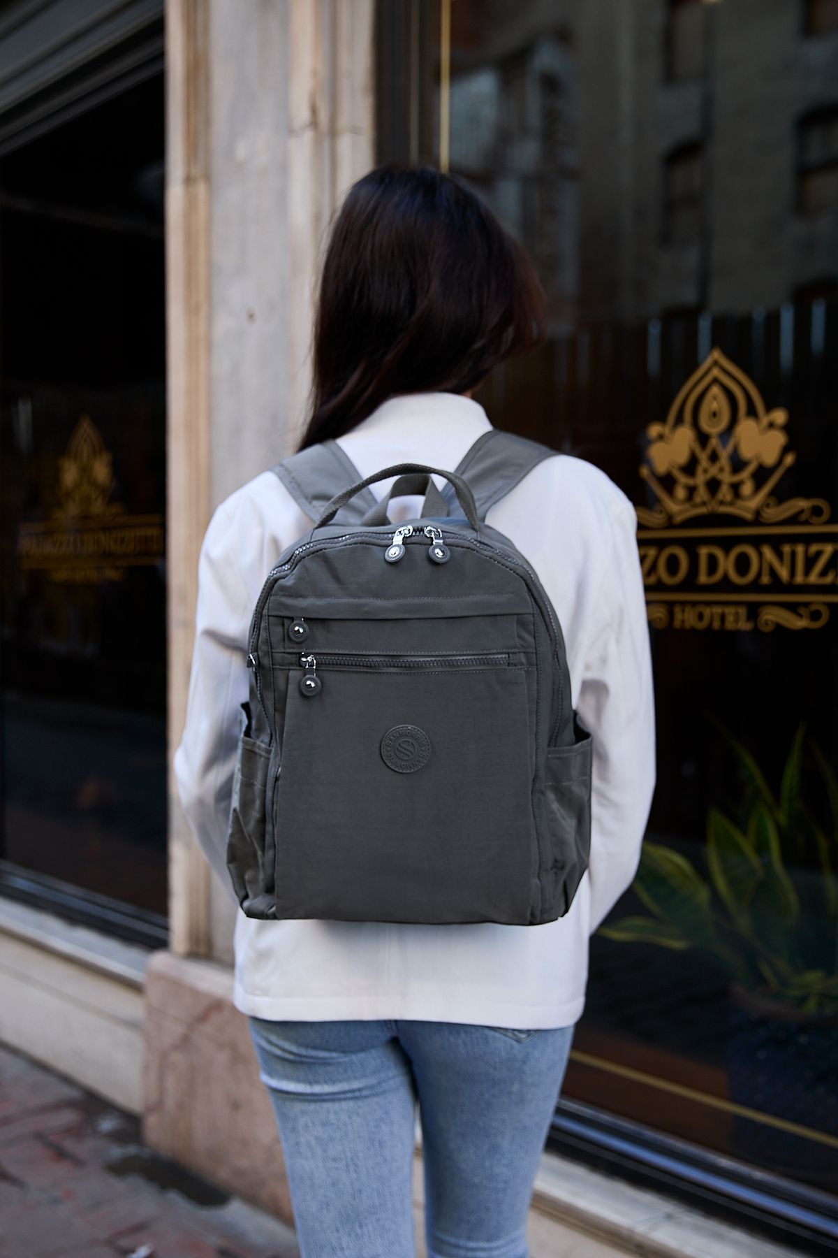 Unisex Suya Dayanıklı Krinkıl Kumaş Çok Gözlü Koyu Gri Laptop Okul Ve Sırt Çantası