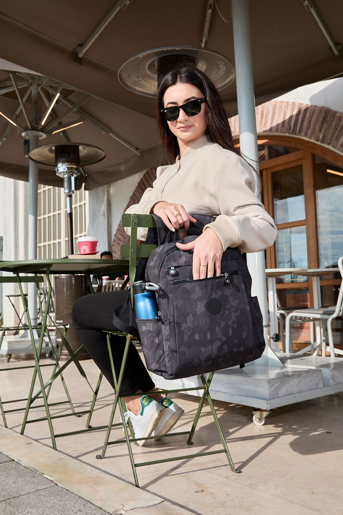 Unisex Suya Dayanıklı Krinkıl Kumaş Çok Gözlü Siyah Desenli Laptop Okul Ve Sırt Çantası