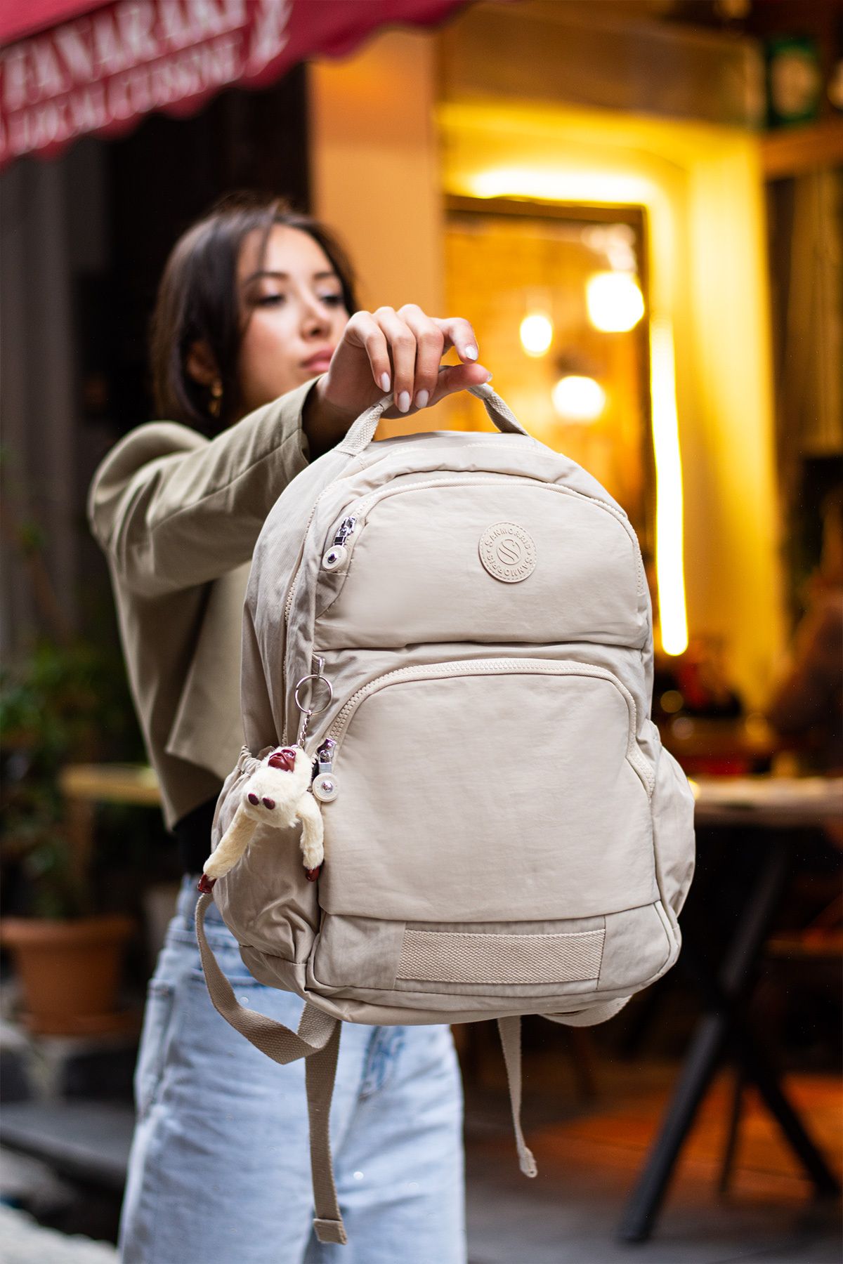 Unisex Suya Dayanıklı Kumaş Laptop Bölmeli 3 Gözlü Krem Okul Seyahat Sırt Çantası