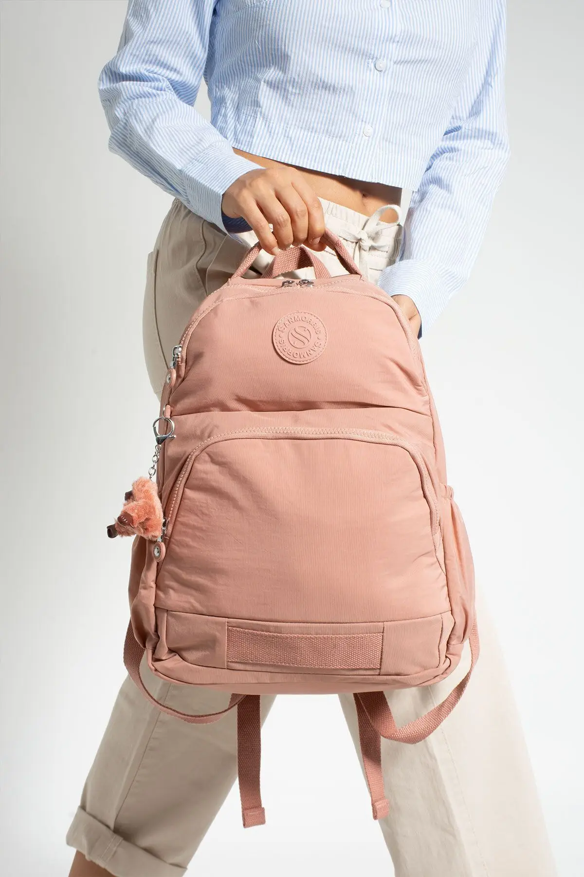 Unisex Suya Dayanıklı Kumaş Laptop Bölmeli 3 Gözlü Pembe Renkli Okul Seyahat Sırt Çantası