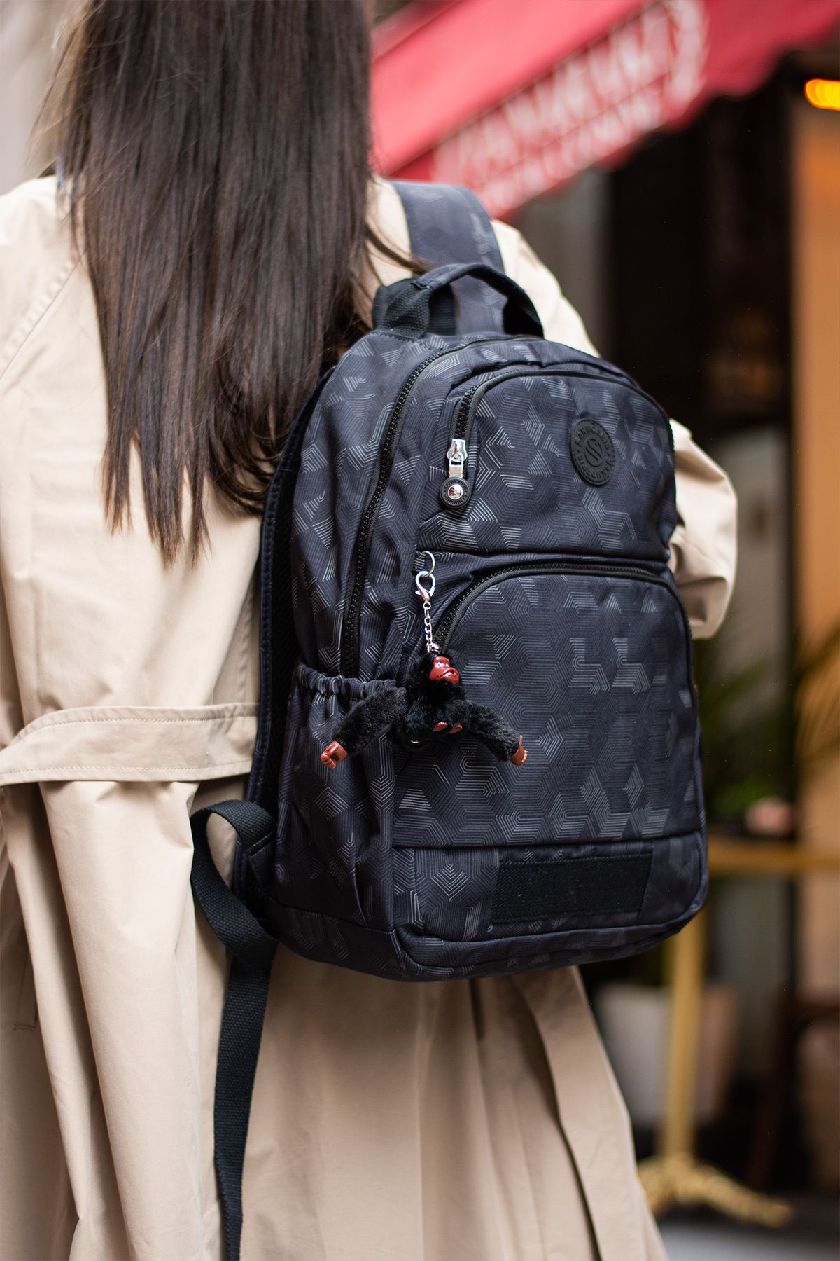 Unisex Suya Dayanıklı Kumaş Siyah Desenli Laptop Bölmeli 3 Gözlü Okul Seyahat Sırt Çantası